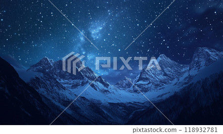 Snowy mountain scenery under the starry sky 118932781