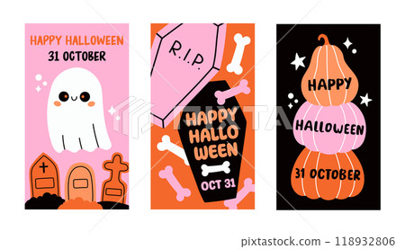 Halloween trendy poster set. Trendy flat style and funny characters. Cute vector poster set for postcard, flyer, banner Halloween trendy poster set. Trendy flat style and funny characters. Cute vector poster set for postcard, flyer, banner 118932806