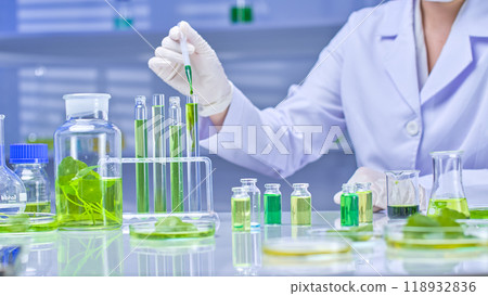 A scientist in a white coat is carefully dropping liquid from a dropper into a test tube on the tray. There are green leaves in the beaker and other scientific equipment in the laboratory background. 118932836