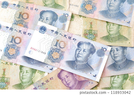 中國貨幣，人民幣（RMB）鈔票，上面有毛澤東肖像 118933042