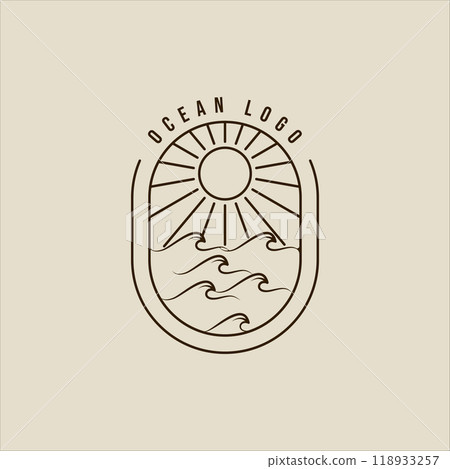 ocean wave logo vector line art simple minimalist illustration template icon graphic design. sea landscape sign or symbol for travel company with badge and typography 118933257