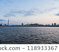 Skytree at sunset as seen from the opposite bank of the Sumida River 118933367