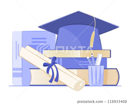 Graduation Cap and Diploma on Stack of Books for Knowledge, Graduation and Education Concept Illustration 118933408