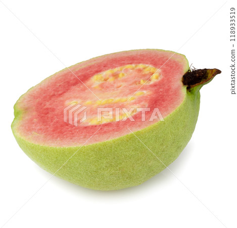 Guava is a tropical fruit with pink juicy flesh and a strong sweet aroma with leaf on a white background 118933519
