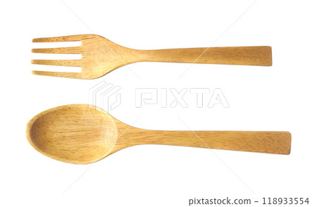Wooden spoon and fork isolated on a white background. Wooden spoon and fork isolated on a white background. 118933554