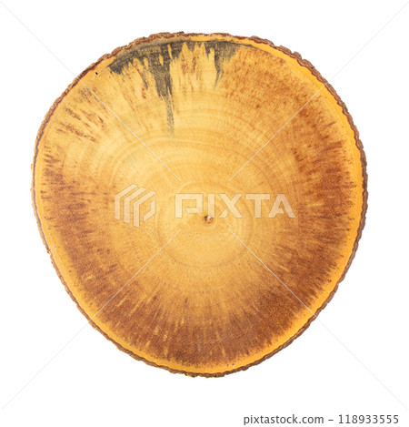 The cutting board is made of round wood isolated on a white background. 118933555