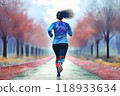 一位女跑步者在夢幻般的道路上奔跑的後視圖 118933634