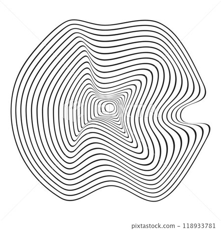 Distorted concentric circles. Topographic rings. Pulse, sound or ripple icon isolated on background. Soundwave sign. Dynamic, motion or flow symbol. Wood texture. Vector graphic illustration Distorted concentric circles. Topographic rings. Pulse, sound or ripple icon isolated on background. Soundwave sign. Dynamic, motion or flow symbol. Wood texture. Vector graphic illustration 118933781