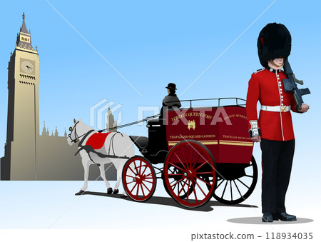 Cover for brochure with London images.  London trip. Vector 3d illustration 118934035