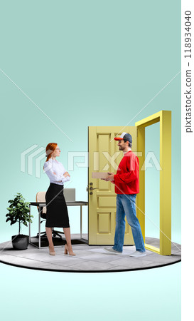Delivery man and businesswoman exchanging package through large door, illustrating professional side of online shopping and efficient delivery services. Delivery man and businesswoman exchanging package through large door, illustrating professional side of online shopping and efficient delivery services. 118934040