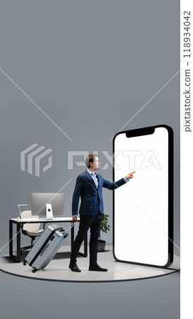 Businessman with suitcase pointing to large 3D model of phone with blank screen, representing seamless business travel and mobile convenience for professionals on the go. Businessman with suitcase pointing to large 3D model of phone with blank screen, representing seamless business travel and mobile convenience for professionals on the go. 118934042