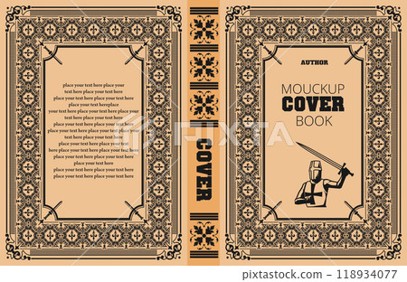 Ornate leather book cover and Old retro ornament frames. Royal Golden style design. Historical novel. Oriental style Vector illustration. Hand drawn illustration 118934077