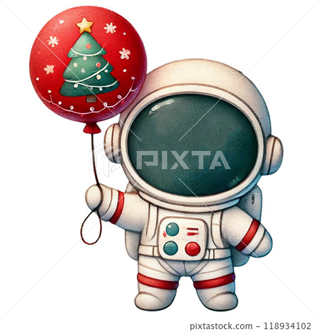 A cheerful astronaut holding a festive Christmas balloon, perfect for holiday-themed decorations and space-inspired celebrations. 118934102