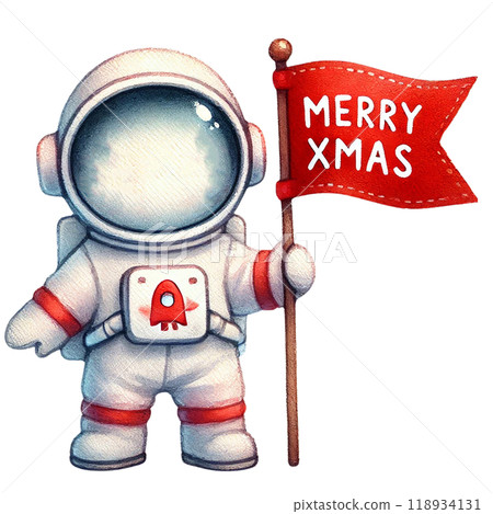 Colorful astronaut character holding a Merry Xmas flag, perfect for festive illustrations and holiday-themed designs. 118934131