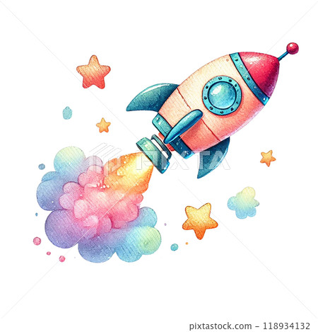 Colorful rocket illustration with vibrant stars and clouds, perfect for space-themed projects and children's artwork. 118934132
