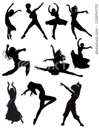 Silhouettes of dancing girls. Black and white vector illustration Silhouettes of dancing girls. Black and white vector illustration 118934159