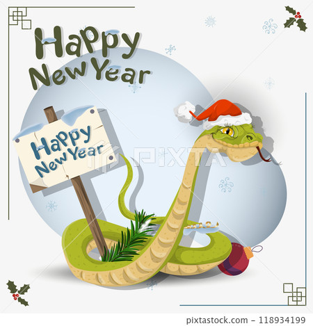 The symbol of the new year a snake in a Santa Claus hat holding a wooden plaque The symbol of the new year a snake in a Santa Claus hat holding a wooden plaque 118934199