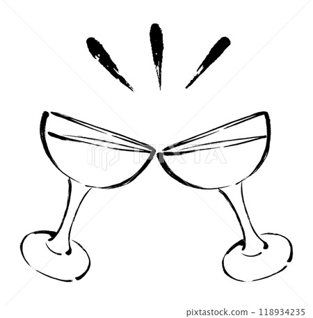 單色線條畫插圖，描繪了一個裝有帶有筆觸的飲料的敬酒杯。 118934235