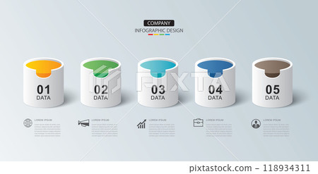 Infographics cylinder timeline success with 5 number data template. Illustration abstract background. 118934311