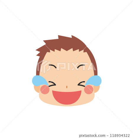一個可愛的小男孩大聲笑的表情符號圖標面部表情白色背景矢量 118934322