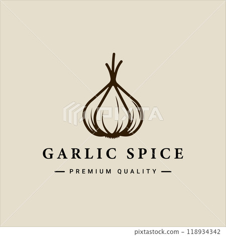 garlic onion logo vector line vintage illustration template icon graphic design. spice and ingredient sign and symbol for farm or seasoning shop with outline retro style garlic onion logo vector line vintage illustration template icon graphic design. spice and ingredient sign and symbol for farm or seasoning shop with outline retro style 118934342