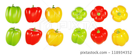 3d set of bell pepper in different angles. Red, green, yellow vegetable, sweet paprika capsicum on white background. Organic healthy food. Cartoon render icon, isolated design element. 3D illustration 118934352