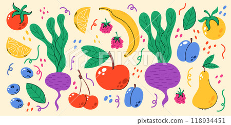 Fruit and vegetable doodles. Natural tropical fruits. 118934451
