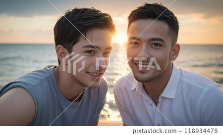 Gay couple smiling at each other on the beach at sunset 118934478