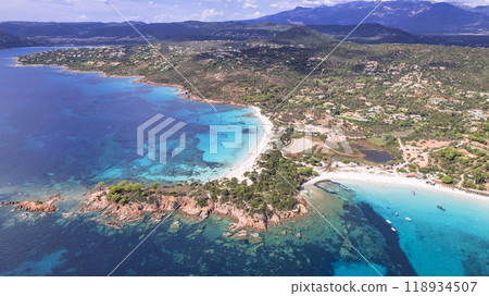 Best beaches of Corsica island. Aerial drone view of beautiful beaches near Porto Vecchio - Palombaggia, Tamaricciu, Folaca Best beaches of Corsica island. Aerial drone view of beautiful beaches near Porto Vecchio - Palombaggia, Tamaricciu, Folaca 118934507