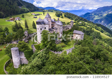 Beautiful medieval castles of northern Italy ,Alto Adige,  South Tyrol region. Presule castel, aerial drone high angle view  118934527