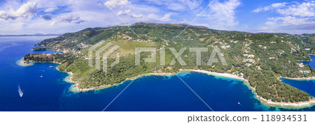 Greece, Ionian islands. nature scenery of Corfu island. Kerasi beach and bay aerial view, eastern part in front of Albania. 118934531