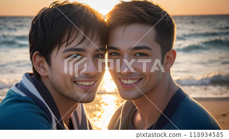 Gay couple smiling at each other on the beach at sunset 118934585