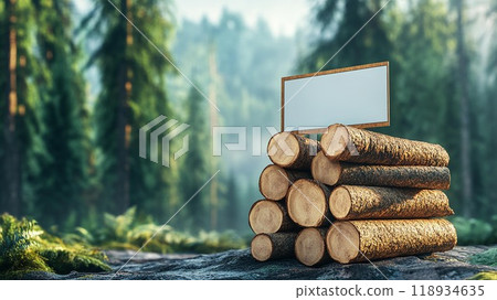 A natural scene featuring stacked logs with a blank sign, perfect for signage in a forest or outdoor setting. 118934635