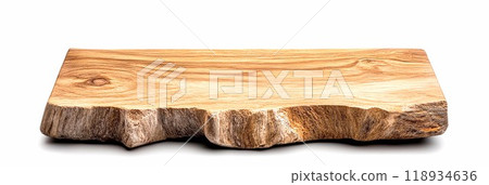 A rustic wooden cutting board featuring natural grain patterns and an organic edge, perfect for kitchens and serving. 118934636
