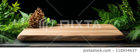 A rustic wooden cutting board surrounded by lush greenery, perfect for culinary presentations or nature-inspired decor. 118934637