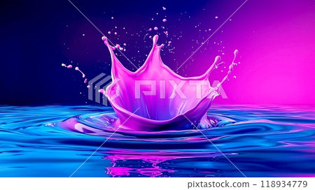 Vibrant splash effect created by liquid impact, showcasing a mesmerizing blend of purple and blue colors against a dark background. 118934779