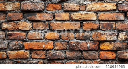 Textured brown brick wall with varying shades and patterns, white isolated background. 118934963
