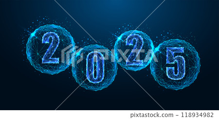 Abstract 2025 New Year with glowing 2025 digits inside transparent bubbles on dark blue background. 118934982