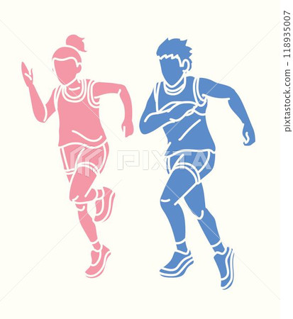 Silhouette Children Running Together a Boy and a Girl Start Running Cartoon Sport Graphic Vector 118935007