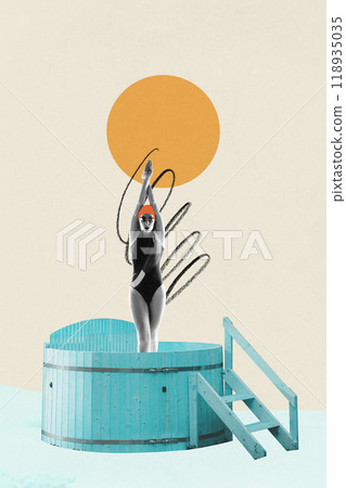 Contemporary art collage. Radiant moment in cold, as swimmer stretches towards winter sky, embracing freedom and balance between ice and warmth. Abstract art style. Contemporary art collage. Radiant moment in cold, as swimmer stretches towards winter sky, embracing freedom and balance between ice and warmth. Abstract art style. 118935035