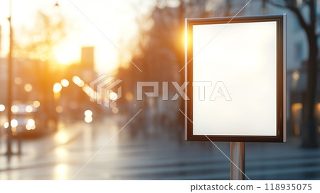 Blank billboard in urban setting during sunset, ready for advertisement. 118935075