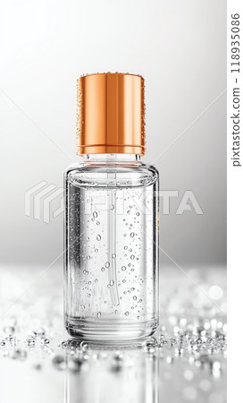 Clear bottle with orange cap, sparkling water, white isolated background. 118935086
