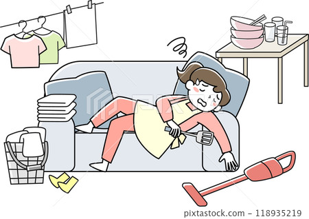 A housewife who is tired from housework and collapses on the sofa A housewife who is tired from housework and collapses on the sofa 118935219