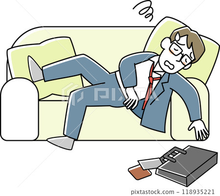 一個穿西裝的男人累了倒在沙發上 118935221