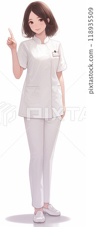 Illustration of a dental hygienist pointing and guiding on a white background "AI generated image" 118935509