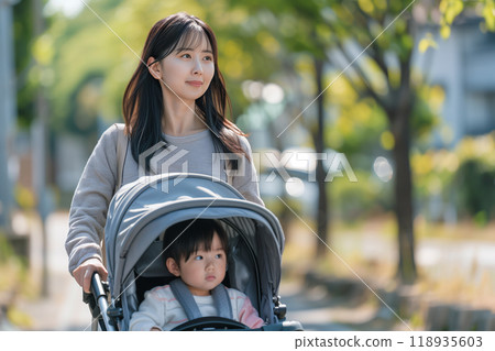 父母和孩子推著嬰兒車在公園散步的“人工智慧生成圖像” 118935603