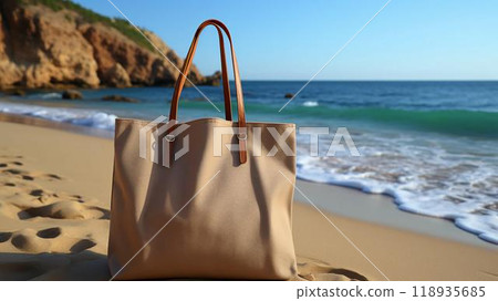 A simple eco-friendly fabric bag on the background of the beach on the sea 118935685