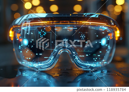 Pair of virtual reality goggles with a blue and orange tint. The goggles are designed to provide a more immersive experience for the user Pair of virtual reality goggles with a blue and orange tint. The goggles are designed to provide a more immersive experience for the user 118935784