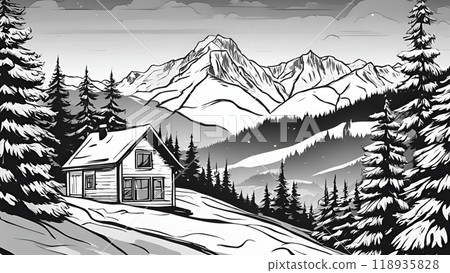 Winter forest in mountains, sketch. Black and white illustration Winter forest in mountains, sketch. Black and white illustration 118935828