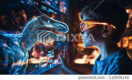 A kid boy enjoys interacting with a holographic dinosaur. The concept of the excitement of blending technology with play and learning through augmented reality. Generative AI. 118936148